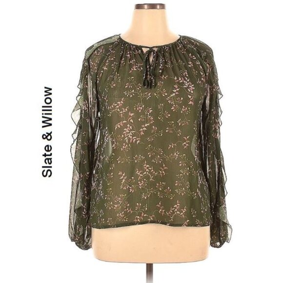 SLATE & WILLOW, Long sleeve floral green blouse - Picture 2 of 14